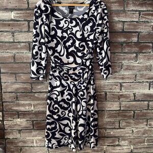 En Focus Studio Dress Women 10 Black White Scroll Print Ruched Career